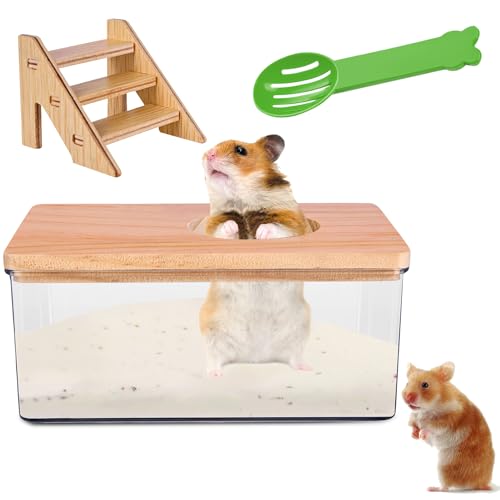 HOMURY Transparentes Sand-Badezimmer für Hamster Hamster Sandbadbox mit Leiter & Naturholzabdeckung & Schaufel, Sandbad-Container für Hamster, Haustier Hamster Badezimmer, für Hamster(Quadrat) von HOMURY