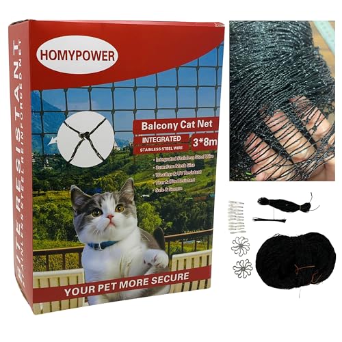HOMYPOWER Katzennetz Balkon, Edelstahl verstärkt Bissriss UV- und witterungsbeständig Anti-Fall Netz für Haustiere, Sicherheitsnetz für Katze, kleines Catio für Wohnung Balkon Schutz (3.0x7.9m) von HOMYPOWER