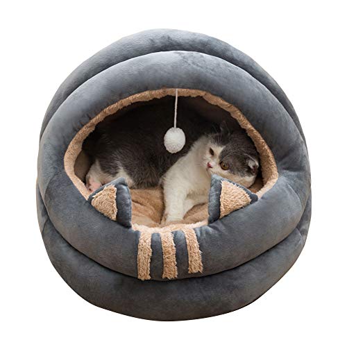HONGBI Halbgeschlossen Komfort Plüsch Warme Winter Katzenhöhle Katzenbett Haustier Faltbar Schlafsack gemütliches Zelt Kuschelhöhle mit hängendem Ball für kleine Puppy AGrau L:Diameter:50CM von HONGBI