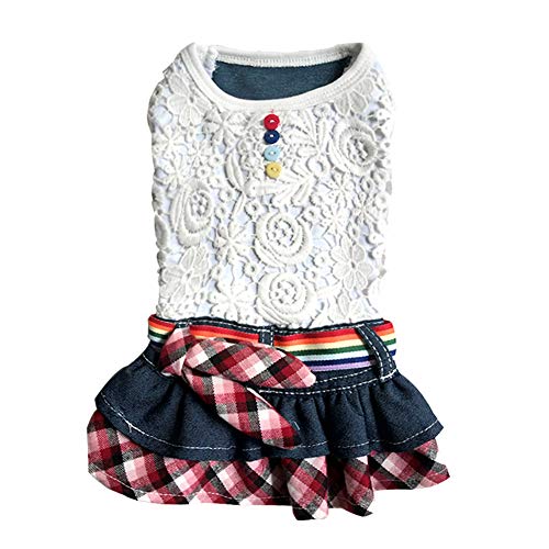 HONGBI Sommer Kleiner Hund Katze Spitze Denim Plaid Rock Prinzessin Kleid Regenbogen Gürtel Weste Rock Puppy Mädchen Kleidung Blau S von HONGBI