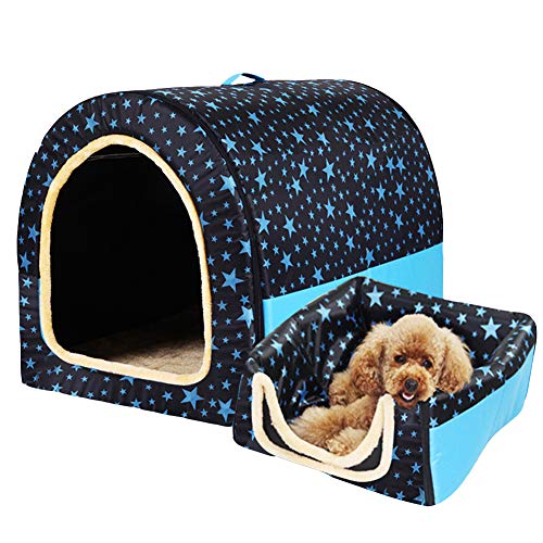 HONGBI Tragbar Faltbare Hundebett Katzenbett Hundehöhle Hundehütte, 2 in 1 Haustier Haus und Sofa für Katze, Kätzchen, Hündchen nd Kaninchen mit Abnehmbar Matte Schwarz mit blauem Stern L von HONGBI