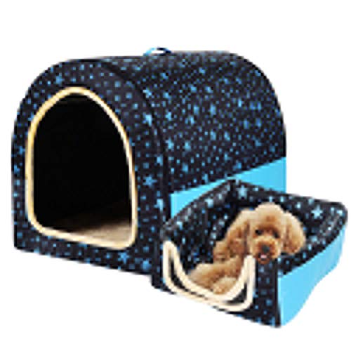 HONGBI Tragbar Faltbare Hundebett Katzenbett Hundehöhle Hundehütte, 2 in 1 Haustier Haus und Sofa für Katze, Kätzchen, Hündchen nd Kaninchen mit Abnehmbar Matte Schwarz mit blauem Stern S von HONGBI