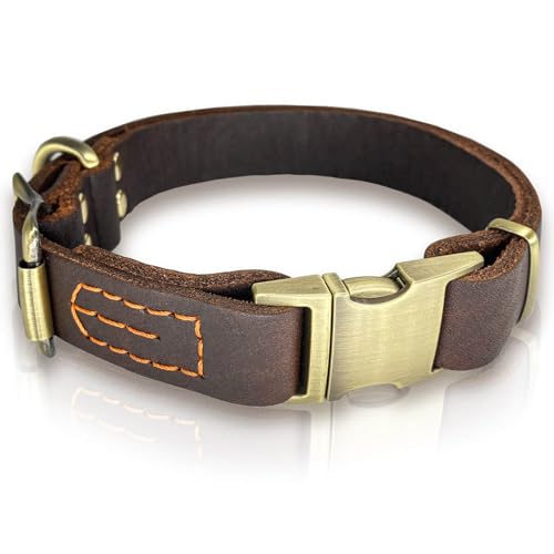 Hundehalsband aus Leder mit Metall-Schnellverschluss-Schnalle, weiches echtes Rindsleder, strapazierfähig, Metall, verstellbar für kleine, mittelgroße und große Hunde und Haustiere. (L, Halsumfang Hundehalsband aus Leder mit Metall-Schnellverschluss-Schnalle, weiches echtes Rindsleder, strapazierfähig, Metall, verstellbar für kleine, mittelgroße und große Hunde und Haustiere. (L, Halsumfang von HONGSAGE