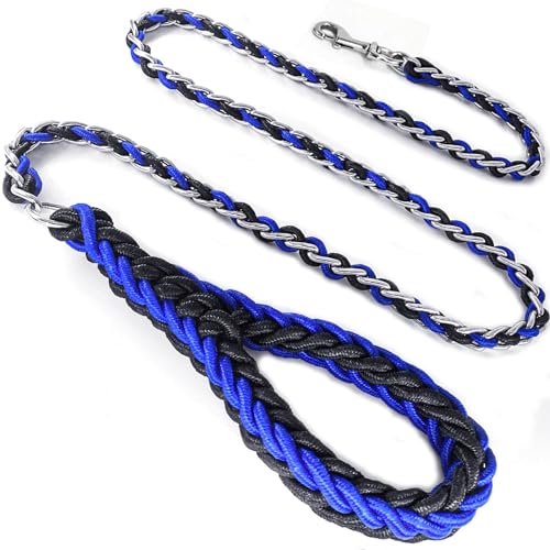 Hundeleinen-Seilkette, Nylonseil, Metallkette für Haustierleinen, 1,8 m, robust, kaufest, Training, Spazierengehen für mittelgroße und große Hunde, Größe L, Blau und Schwarz von HONGSAGE