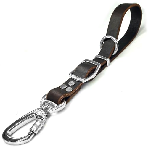 Kurze Lederleine, verstellbare Länge, extra dick, echte und robuste Hardware, handgefertigt mit Verlängerungsfunktion, stark verkehrsstarke Haustierleinen. Breite: 2,5 cm, Länge: 35,6–63,5 cm von HONGSAGE