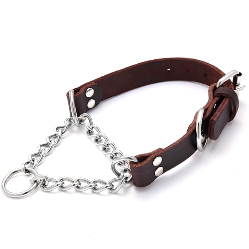 Martingale-Hundehalsband aus Leder, echte und Edelstahlkette, Martingale-Halsband, kein Ziehen, verstellbar, rutschfest, Trainings- und Spazierengehhalsband für kleine, mittelgroße und große Martingale-Hundehalsband aus Leder, echte und Edelstahlkette, Martingale-Halsband, kein Ziehen, verstellbar, rutschfest, Trainings- und Spazierengehhalsband für kleine, mittelgroße und große von HONGSAGE