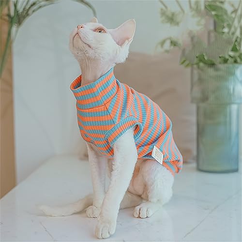 HONGSUO Sphinx-Katzenkleidung, Haarlose Katze, Sommer-Baumwolle, Gestreift, T-Shirt, Grubenstreifen, Halbärmelig, Elastisch, Groß,orangefarbene Streifen,M von HONGSUO