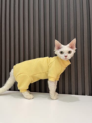 HONGSUO Sphinx Katzenkleidung haarlose Katze Devon Baumwollunterhemd Bauchschutz 4-Beinhemd, gelb, M+ von HONGSUO
