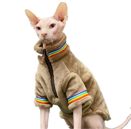 HONGSUO Sphynx-Katzenkleidung, Devon/Haarlose Katze, Für Den Winter, Verdickter Korallen-Fleece-Pullover, Hoher Kragen, Reißverschluss, Bequem Und Schmutzabweisend,Kaffeefarbe,XL von HONGSUO