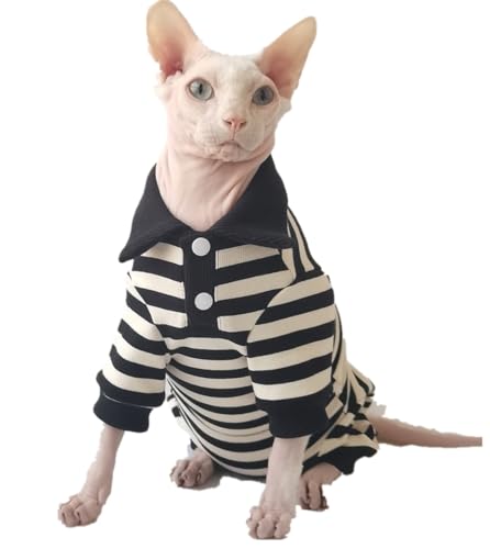 HONGSUO Sphynx-Katzenkleidung, Devon/Haarlose Katze, Reine Baumwolle, Gestreiftes Hemd, Stretch-Bauchschutz, 4 Fuß Langes Hemd,Schwarze Streifen (kurz),XL von HONGSUO