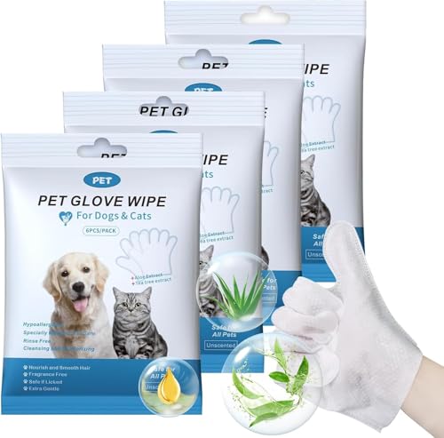 HONGYEE [4 er-Pack/24 Stück] Handschuhtücher für Haustiere, Einweg-Tier-Reinigungstücher, geruchlos und parfümfrei, für die tägliche Pflege, Reinigung und Grooming von Hunden und Katzen von HONGYEE