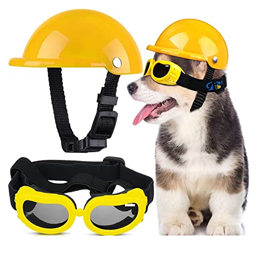 Interessanter Haustierhut, Hundehelm und Brille, verstellbarer Hut, Hundesonnenbrille und Haustierhelm, Set mit Hundebrille, Windschutz, Hundebrille, Katzen- und Hundebekleidung (Farbe: Gelb, Größe von HOOBN