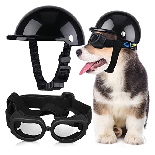 Interessanter Haustierhut, Welpenhelm, Schutzbrille, Sonnenbrille, Haustier-Hundebrille, Motorrad, harter Hut mit verstellbarem Gürtel, winddichte Katzen- und Hundebekleidung (Farbe: Schwarz, Größe von HOOBN