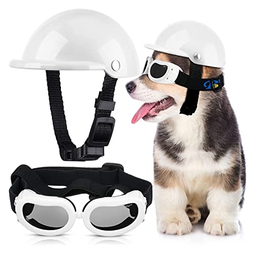 Interessanter Haustierhut für kleine Hunde, Schutzbrille, Sonnenbrille, Haustier-Hundebrille, Motorrad-Schutzhelm mit verstellbarer Katzen- und Hundebekleidung (Farbe: Weiß, Größe: S) von HOOBN