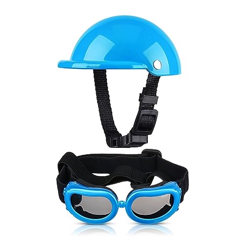 Interessanter Haustierhut für kleine Hunde, Schutzbrille, UV-Ionen, Hundebrille, Motorrad, harter Hut mit verstellbarer Katzen- und Hundebekleidung (Farbe: Blau, Größe: M) von HOOBN