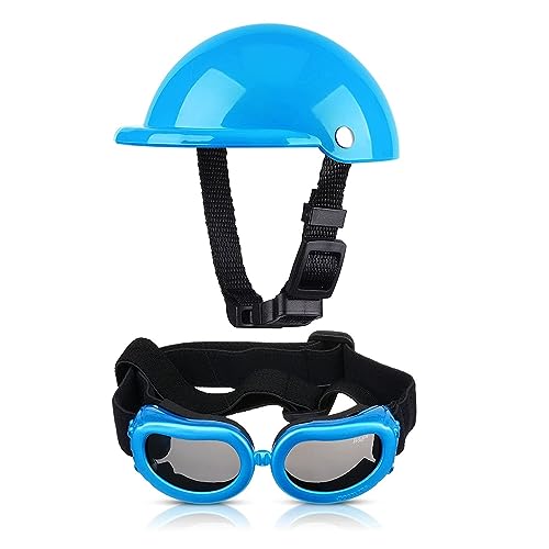 Interessantes Haustiermütze, Haustier-Hundehelm und -Brille, gepolsterter Motorradhelm und Hundesonnenbrille, Haustierkappe und entzückende Haustierbrille, Katzen- und Hundebekleidung (Farbe: Blau von HOOBN