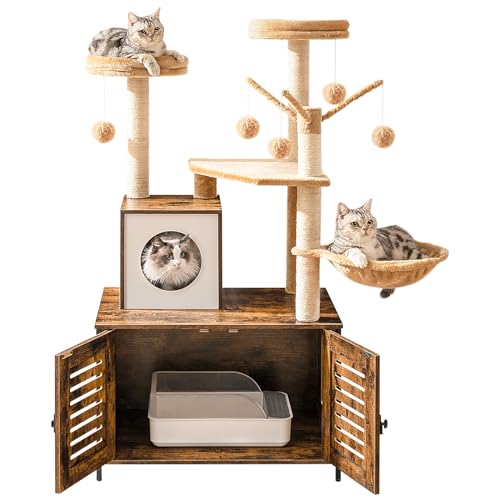 HOOBRO kratzbaum mit katzenklo Schrank, katzenbaumTurm, All-in-One-Katzenmöbel für drinnen, versteckte Katzentoilettenmöbel, 132 cm, Abnehmbare Plüschball-Stangen, Vintagebraun EBF14MZ03 von HOOBRO