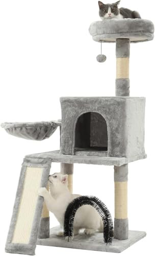 HOOPET Kratzbaum für Indoor-Katzen mit Kratzbaum, Hängematte, Haus, Höhle, Selbstpflegebürste, mehrstufiger Katzenturm mit Kletterleiter für Kätzchen, 111,8 cm, Grau von HOOPET