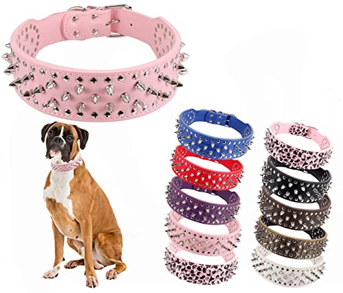 HOOT Hundehalsband, PU-Leder, verstellbar, mit Nieten, 5,1 cm breit, 37 Spikes, M (Halsumfang 48,3 - 55,9 cm), Rosa von HOOT