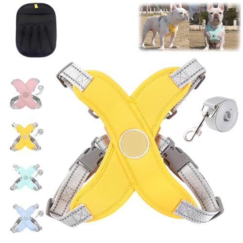 Weiches Hundegeschirr mit Anti-Zug-Komfort, No Pull Dog Harness with Rope, Einstellbar Hundegeschirr Kleine Hunde für Kleine und Mittelgroße Hunde, Nachtreflektierend, Bequemes Wickeln(Gelb,L) von HOPASRISEE