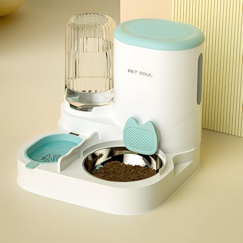 Hopeyhfm Automatischer Futter Wasserspender Katzen, Futterstation Katzen mit Automatischer Wasserflasche 2 In 1, All-in-One 2L Schwerkraftfutterspender für Kleine, Mittelgroße Katzen Hunde (blau) von HOPEYHFM