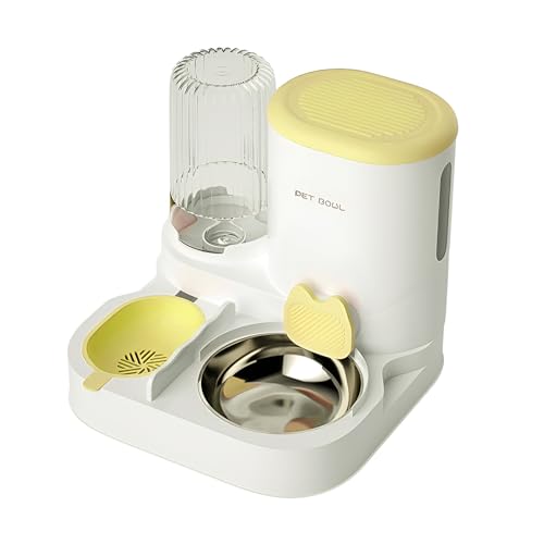 Hopeyhfm Automatischer Futter Wasserspender Katzen, Futterstation Katzen mit Automatischer Wasserflasche 2 In 1, All-in-One 2L Schwerkraftfutterspender für Kleine, Mittelgroße Katzen Hunde (gelb) von HOPEYHFM