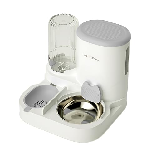 Hopeyhfm Automatischer Futter Wasserspender Katzen, Futterstation Katzen mit Automatischer Wasserflasche 2 In 1, All-in-One 2L Schwerkraftfutterspender für Kleine, Mittelgroße Katzen Hunde (grau) von HOPEYHFM