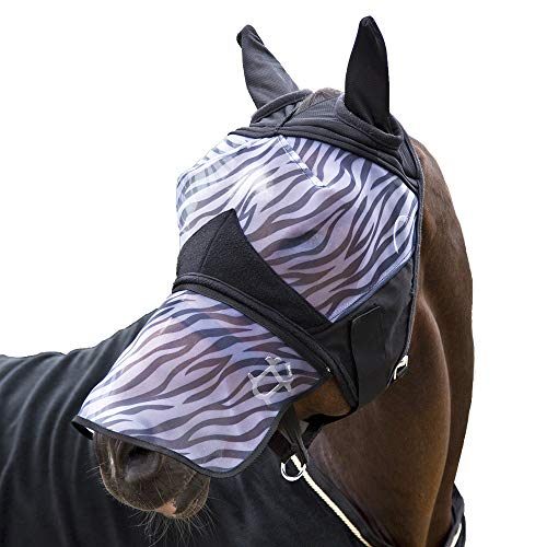 Horze Pferde Fliegenmaske Zebra, Fliegenhaube mit abnehmbarem Nüsternschutz, UV Schutz, Schwarz, XXL von HORZE