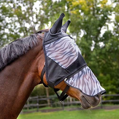 Horze Pferde Fliegenmaske Zebra, Fliegenhaube mit abnehmbarem Nüsternschutz, UV Schutz, Schwarz, XL von HORZE