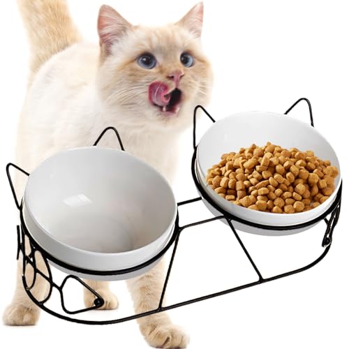 Erhöhter Futternapf Katze - katzennapf Keramik Fressnapf Katze Futterstation Erhöht 3er Set mit 15° Geneigtem für Katzen und Kleine Hunde Sachen, Doppel Napf von HOSPAOP