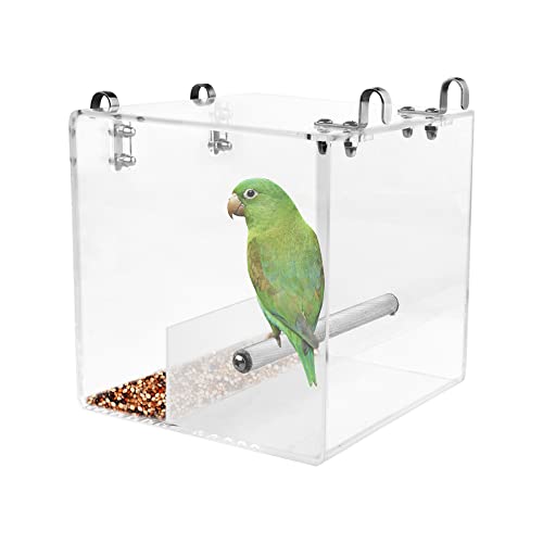 Automatischer Vogelfutterspender für Käfig, 16,3 x 16,3 x 16,3 cm, Futter-Samenbehälter für Vogelkäfig, durchsichtiger Würfel aus Acryl für Papageien, mit 4 Haken von HOSUKKO