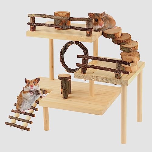 HOSUKKO Hamster-Kletterspielzeug, 3-stöckig, extra großer Hamster-Spielplatz, natürliches Holz, kleine Tierplattform, Spielzeug, Hamster, Übung, Klettern, Plattform mit Brücke als Geschenk von HOSUKKO