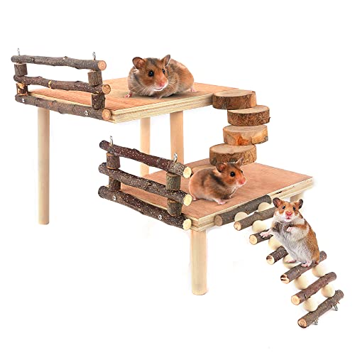 Hamster-Kletterspielzeug aus Holz, zweistöckig, Hamster-Spielplatz, Aktivitätsplattform mit Brücke, Apfelholz, Kauspielzeug für kleine Haustiere (groß) von HOSUKKO