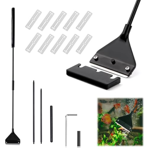 65cm Aquarium Algenschaber, Aluminium Aquariumschaber, Aquarium Scheibenreiniger Abnehmbarer mit 10 Klingen, Reinigungswerkzeuge für Glas Fischbecken Reinigung Schwer Erreichbarer Stellen, Schwarz von HOTMNTY
