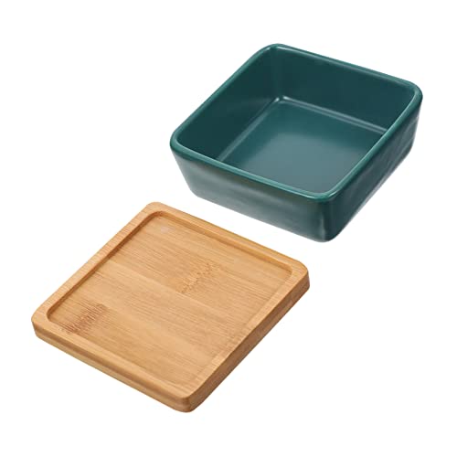 HOUDERCO Katzen Keramik Wasserschale Futterschale Mit Holzuntersetzer rutschfest Leicht Zu Reinzen Für Kätzchen Und Haustiere von HOUDERCO
