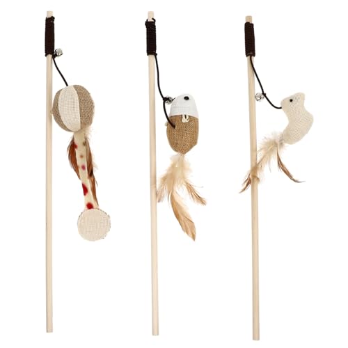 HOUDERCO 3 Stück Teiliges Katzen spielangel aus Natürlichem mit Glocke und Federn Interaktives Katzenspielzeug zur Beschäftigung und Bewegung Leichte und Flexible Katzenangel für Training von HOUDERCO