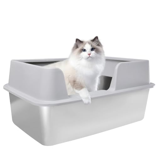 Katzenklo XXL 50 * 35 * 25 cm Edelstahl Katzenklo Groß Auslaufsicher und leicht zu reinigen Niemals Gerüche, Rostfrei (Hellgrau, 50 * 35 * 25 cm) von HOUSLUX