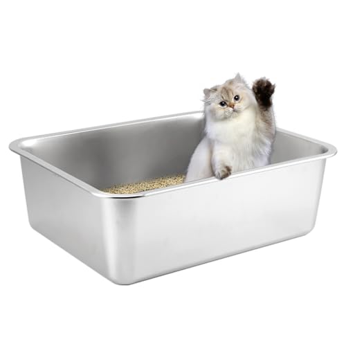 Katzentoilette aus Edelstahl, große Katzentoilette für Katzen, Kaninchen, nimmt nie Gerüche auf, rostfrei, antihaftbeschichtet, glatte Oberfläche (59,7 cm L x 39,4 cm B x 10,2 cm H) von HOUSLUX