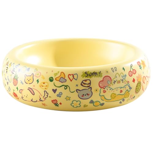 HOUSN Haustier Wasserschale Keramik Katze Kreisschale 350ml| Nass Trockenfutter und Wasser|Bedruckte Schalen mit bunten Katzendesigns,Gelb von HOUSN