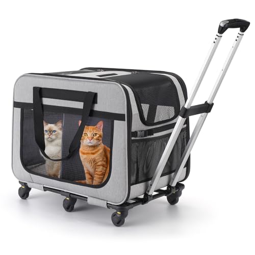 HOVONO Extra große Doppel-Haustiertrage mit Rädern für kleine Hunde und Katzen aller Rassen, Katzentrage zum Rollen für 2 Katzen, Unterstützung bis zu 18 kg, Grau von HOVONO