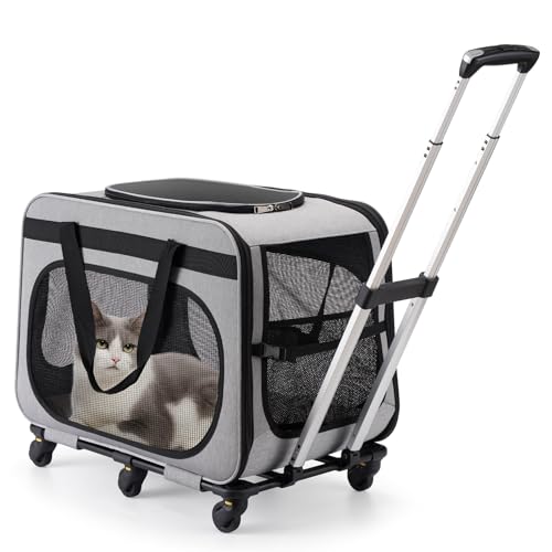 HOVONO Extra große Haustiertrage mit Rädern für kleine Hunde und Katzen aller Rassen, Katzentrage zum Rollen für bis zu 4 Katzen, Unterstützung bis zu 18 kg, Grau von HOVONO