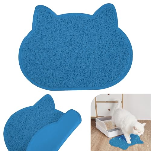 Blaue Haustier-Katzenstreu-Matte – niedliche Katzengesichtsform, rutschfeste Matte für Katzen, einfache Reinigung, Größe 40 cm von HOVUK