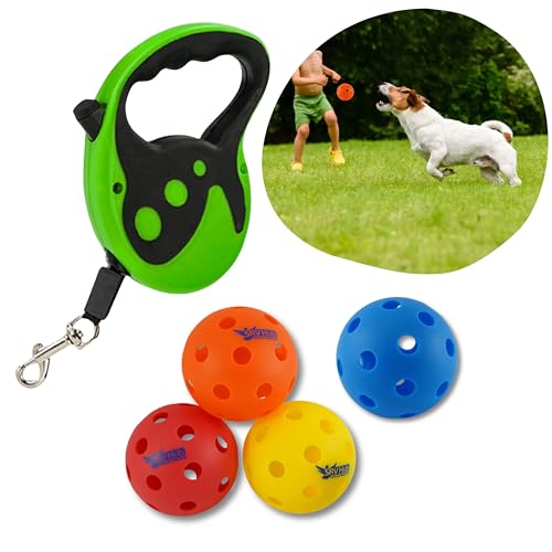 Einziehbare Hundeleine mit 4 Pickleball-Bällen, verheddert sich nicht, 5 m Nylon-Leine, drehbarer Clip, Einhandbremse, Gummigriff, reflektierende Hundeleine von HOVUK