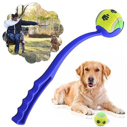 HOVUK® 1 x 38 cm Ballwerfer für Haustiere mit Tennisball in blauer Farbe, zum Aufheben und Werfen, Spielbälle, ein Ball speziell für Hunde von HOVUK