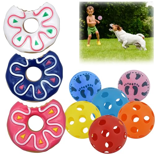 HOVUK® Hundespielbälle aus Gummi, bissfest, hohl, Kunststoff, farbig, Luftstrom, quietschendes PVC-Donut-Hundespielzeug, Haustier-Spielbälle für drinnen und draußen, 9 Stück von HOVUK