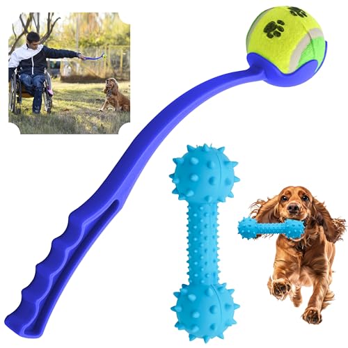 HOVUK Interaktives Spielzeug für Hunde, tragbar, Tennisballwerfer mit Ball, weich am Zahnfleisch, hantelförmiges Kauspielzeug, interaktives Spielzeug für Haustiertraining, Blau, 2 Stück von HOVUK