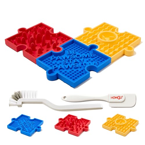 HowGo Puzzle-Leckmatte für Hunde und Katzen, 38+ Saugnäpfe | Rutschfestes, Robustes Labyrinth-Futterspielzeug aus BPA-freiem Silikon | Reduziert Langeweile und Angst (3 Stück, Blau & Gelb & Rot) von HOWGO