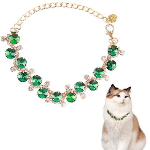 HOWWFALY Halsband für Hunde und Katzen, Strass-Halsbänder mit Pfote, Kristall-Diamanten, goldfarben, verstellbares Halsband, Hundekette, Katze, Diamanten, Prinzessin, Haustierhalsband (Grün, L) von HOWWFALY