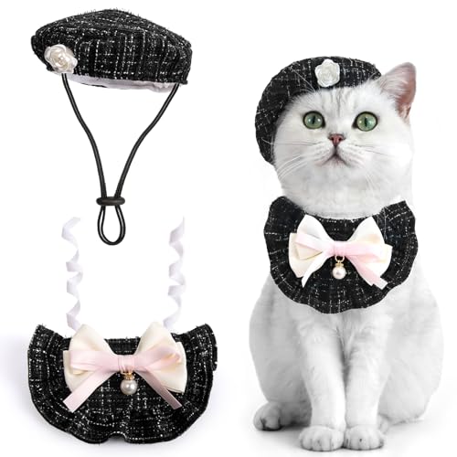HOWWFALY Haustier-Prinzessinnen-Kostüm, Halloween-Weihnachtskostüme, Katzen-Geburtstags-Outfit, Katzenbekleidung, Hunde-Party-Kostüme (schwarze Schleife) von HOWWFALY