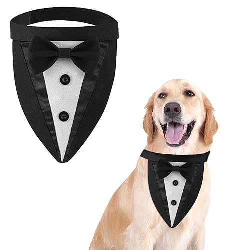 HOWWFALY Hunde-Smoking-Halsband mit Fliege, verstellbar, formeller Hunde-Smoking, Geburtstagskostüme, Haustier-Party, Verlobung, Geschenke für kleine, mittelgroße und große Hunde (L: Halsumfang 42 cm von HOWWFALY